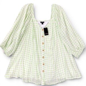 Torrid Green Gingham Puff Sleeve Blouse Sz 2 Plus Cottagecore Button Accents NWT